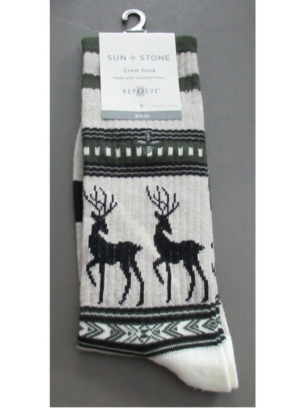 Sun + Stone Men's 1-Pair Crew Socks, Beige Deer Stripes, Shoe Size 7-12